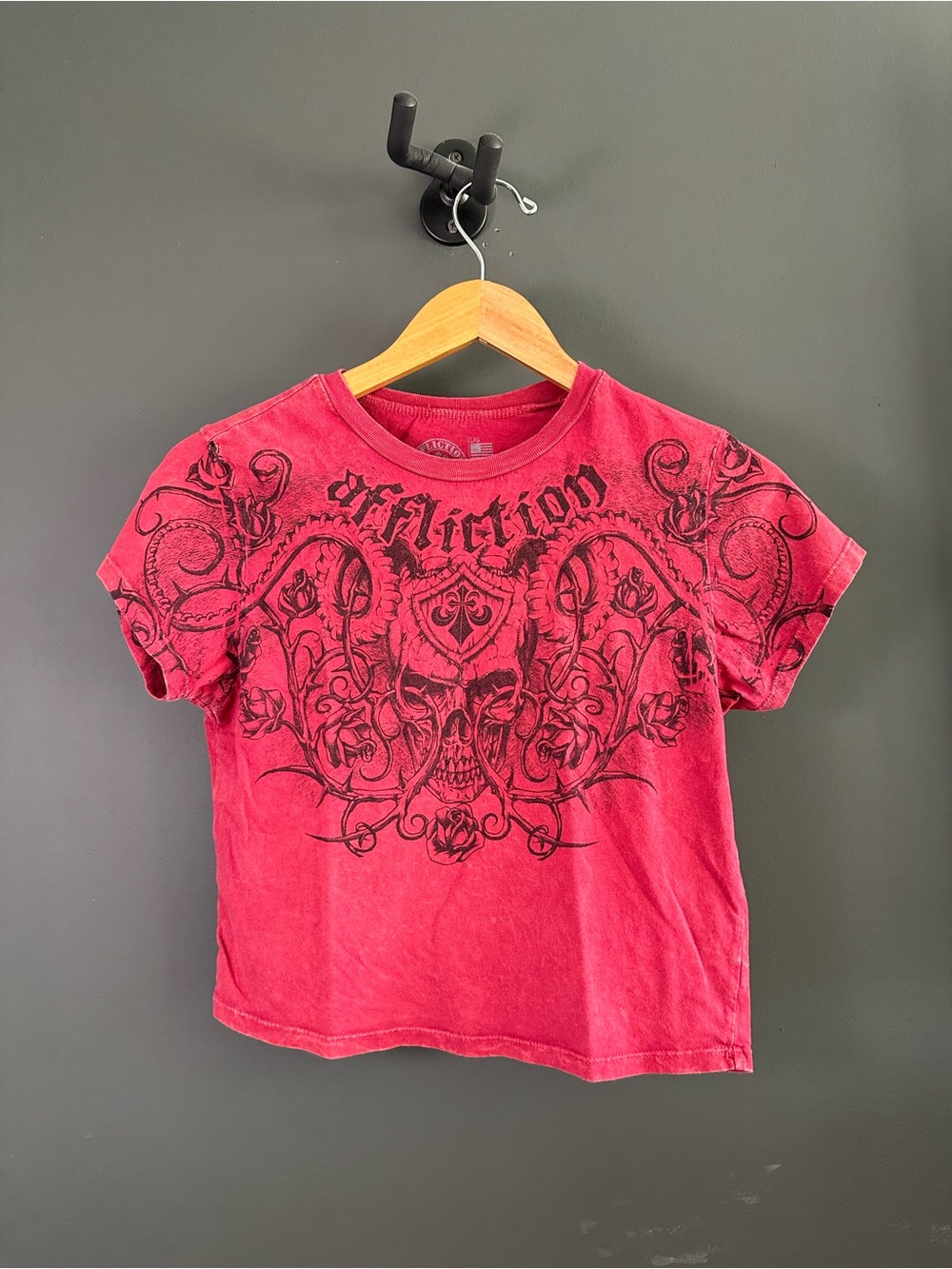 Affliction Red women's Graphic Tee with Black Skull Design
